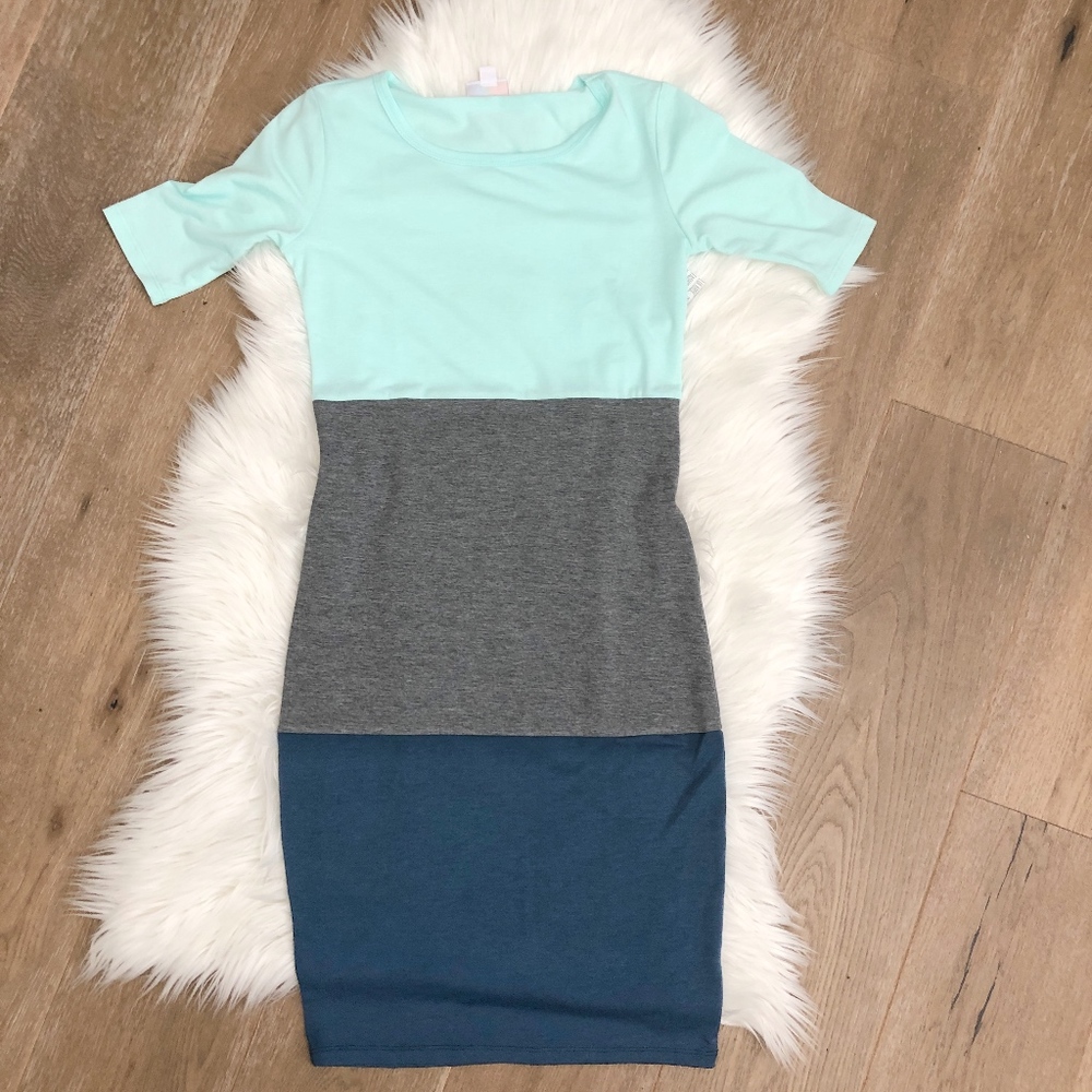 LuLaRoe Color Block Midi Dress - Mint, Gray, Blue